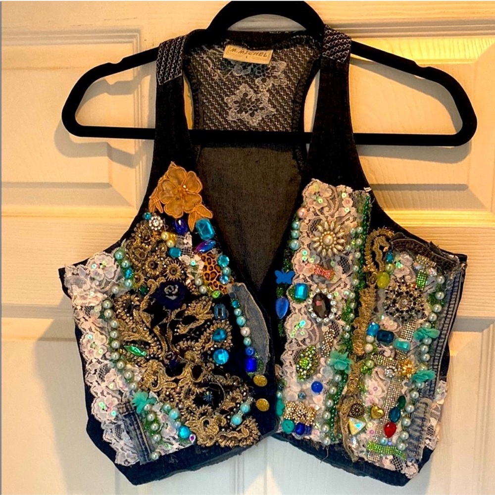 M. Michel Lace Embellished Denim Vest